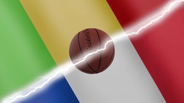 Spinning basketball ball against waving flags France and Mali separated by a diagonal electric effect, seamless 4k loop