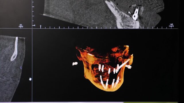 Monitor showing a detailed 3D model of a lower jaw with dental implants highlighted in white. Grey cross-sectional scans visible above. Digital dentistry and treatment planning 4k video
