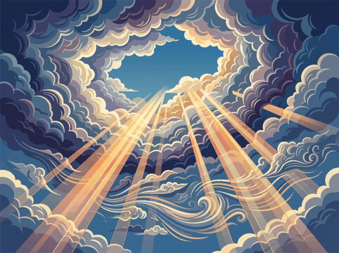 Vector illustration featuring bright golden sunlight beams breaking through layered swirling cumulus clouds in a blue sky, creating high contrast celestial god rays effects.