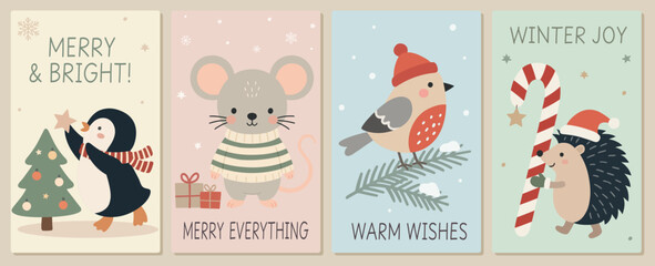 Obraz premium Christmas greeting card set with penguin, mouse, bird, hedgehog, tree, candy cane, gifts, and cute winter animal wishes design