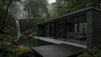 Fototapeta premium Ultra Minimalist Forest Pavilion With Pure Render Facade, Black Steel-Framed Glass Sliding Doors And Warm Timber Deck Nested Beneath Mature Canopy Trees Above Reflective Pond (AI-Generated)
