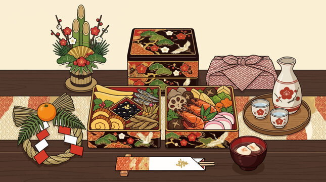 Japanese New Year Osechi Ryori feast in lacquered jubako boxes with shrimp, black beans, and kamaboko, plus sake, kadomatsu, shimekazari, and mochi soup on a wooden table.