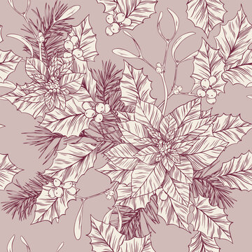 Toile de jouy christmas pattern. Warm tone seamless floral pattern. Perfect for greetings, invitations, manufacture wrapping paper, textile and web design. Vector christmas pattern.
