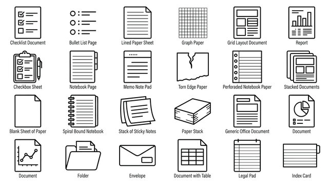 Paper documents stationery and office supplies icons.