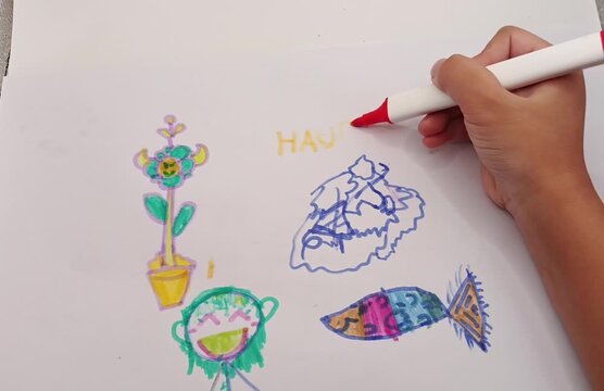 Close-up footage of a person drawing colorful doodle illustrations with markers on white paper. Creative artistic process featuring hand-drawn elements, suitable for education, children's activities, 