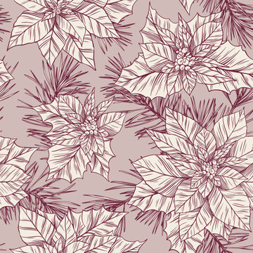 Toile de jouy christmas pattern. Warm tone seamless floral pattern. Perfect for greetings, invitations, manufacture wrapping paper, textile and web design. Vector christmas pattern.

