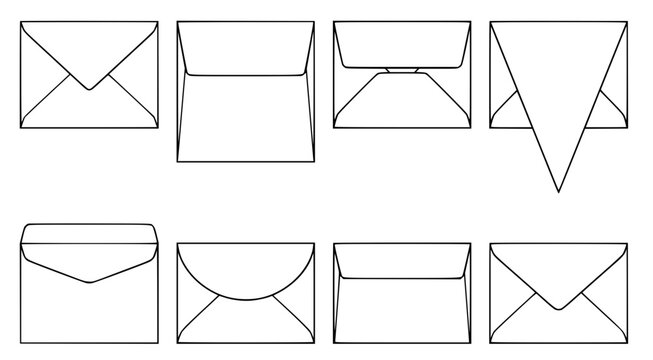 Set of envelope icons and postal mail symbols for communication design featuring diverse flap styles and orientations for web and print media