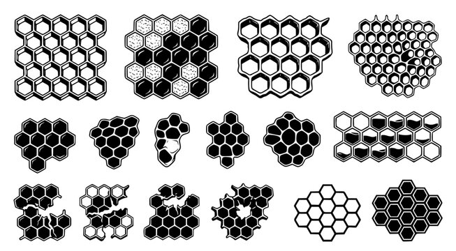 Set of honeycomb patterns and bee hive structures in geometric line art style for apiary and natural honey product branding