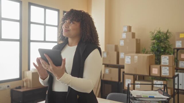 Woman holding tablet and tapping screen amid stacked cardboard boxes in a building, gestures to manage parcels; small business confidence.