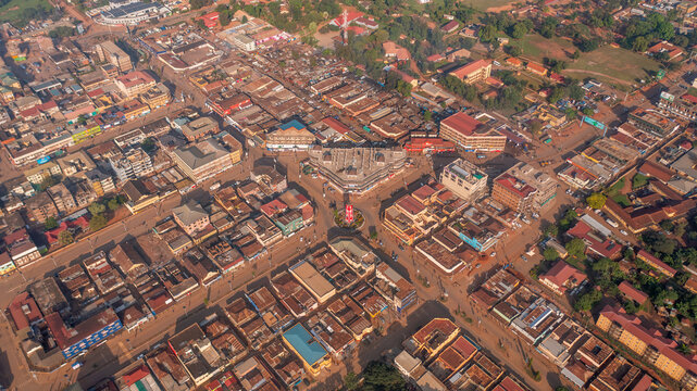 Aerial view of the urban center with dense buildings, street networks, and rooftops in Mbale, Eastern Region, Uganda.