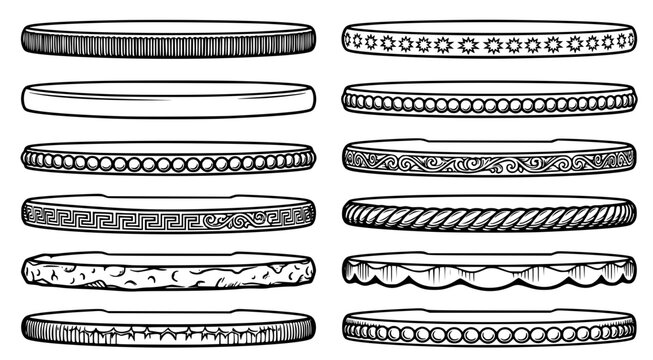 Set of ten decorative bangles with various textures and geometric patterns in black and white ink drawing style
