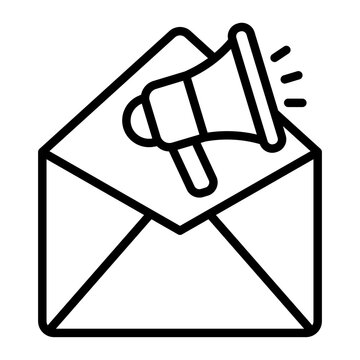 email marketing outline icon. megaphone emerging from open envelope. represents newsletter promotion and subscriber outreach. digital campaign strategy