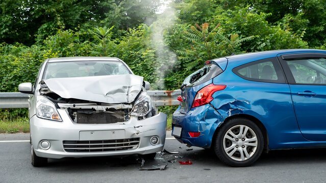 Severe car accident on a road with front damage and visible smoke