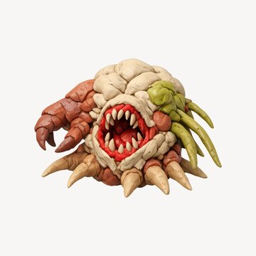 Clay model of a monster with sharp teeth and multicolored limbs.