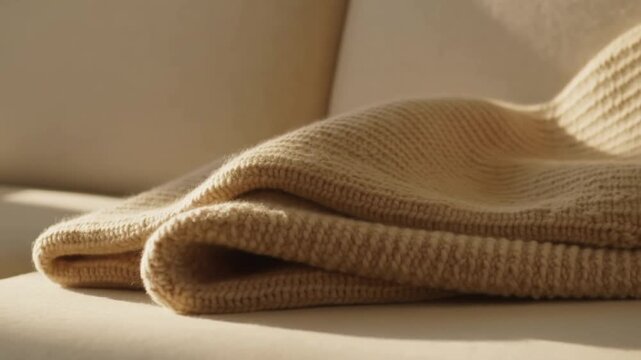 Warm beige knitted blanket folded neatly on a comfortable sofa in natural soft sunlight indoors