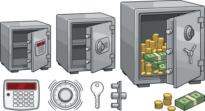 Metallic Bank Safe Box Vector Set with Open Security Vaults, Cash Gold Coins, Money Bundles, Keypad, Dial Lock, and Key Elements for Financial Protection Designs