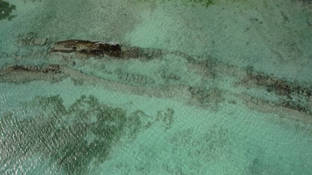 Top-down aerial drone view of a vibrant coral reef beneath the clear, textured turquoise surface of the Caribbean Sea, Los Roques Archipelago, Venezuela