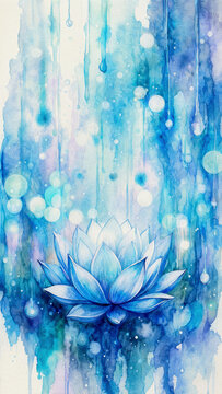 Blue Lotus with Falling Raindrops and Glowing Light, Watercolor Illustration