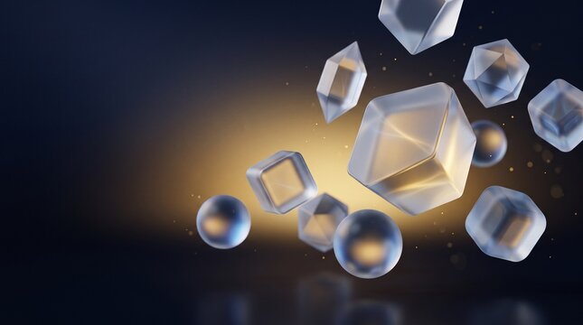 Abstract 3D floating transparent glass geometric shapes with golden glow on dark background