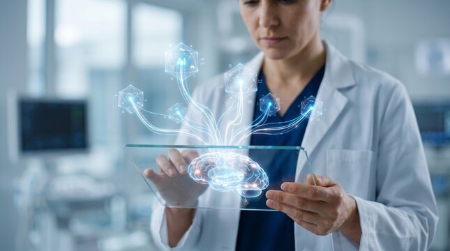 Woman scientist using digital tablet with artificial intelligence brain visualization. Neural network analysis for medical research. Future technology in healthcare diagnostics and neurology.