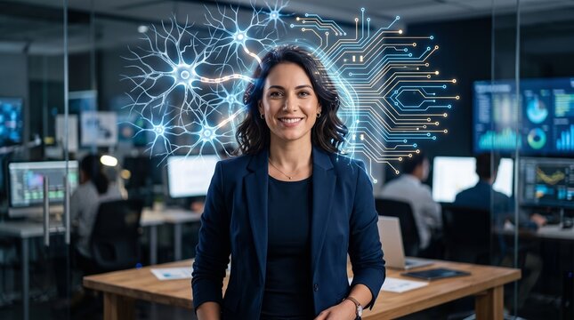 Woman data scientist standing in office with neural network and circuit board infographic. Artificial intelligence concept, machine learning integration, digital brain development technology.