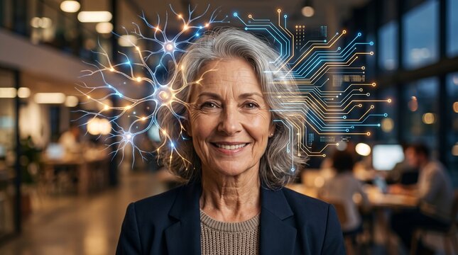 Smiling mature woman with digital neural network and circuitry overlay. Artificial intelligence concept representing human brain connection with advanced computer technology, data and innovation.