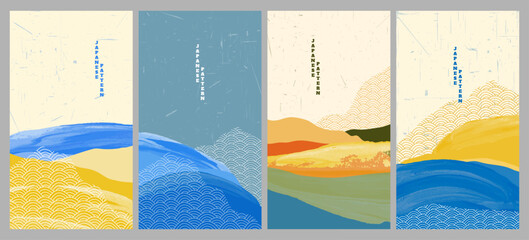 Vector illustration. Japanese wave pattern landscape background with 3d brush stroke texture. Grunge style mountains and sea. Trendy oriental design for flyer, leaflet. Nature-inspired asian style © VVadi4ka