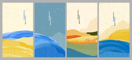 Vector illustration. Japanese wave pattern landscape background with 3d brush stroke texture. Grunge style mountains and sea. Trendy oriental design for flyer, leaflet. Nature-inspired asian style © VVadi4ka