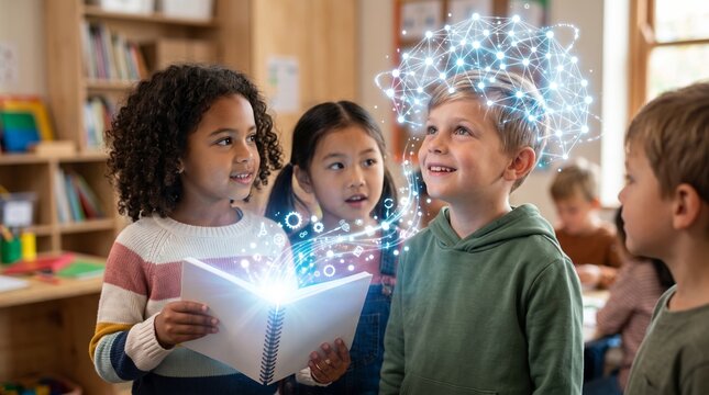 Happy children looking at magical glowing book with data stream in classroom. Concept of future education, virtual learning, innovation and imagination for diverse elementary school kid.