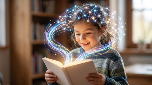Girl reading book with magical light and digital network emanating from pages. Imagination and creativity representing knowledge and artificial intelligence concept for education.