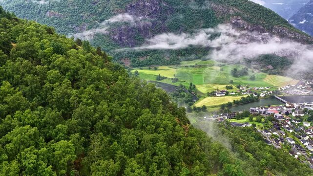 Drone flies over green forest revealing farm fields and small village along fjord in Flam Aurland