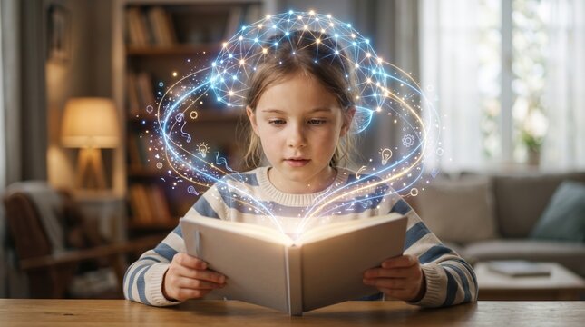 Girl reading book with holographic digital brain and glowing icons. Child learning with innovative augmented reality technology. Educational concept of futuristic knowledge and smart growth.