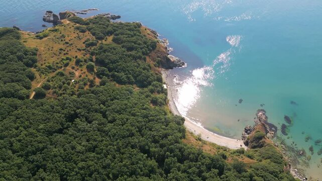 Aerial View of Silistar Beach Bay Surrounded by Forest in Bulgaria