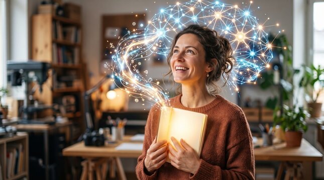 Woman holding glowing book with holographic brain network emerging above head. Creative inspiration and imagination concept. Digital learning, artificial intelligence and knowledge growth.