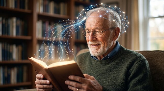 Senior man reading book with magical glowing data and cognitive network arising from pages. Intelligent learning and wisdom concept. Knowledge expansion, education and mind power.
