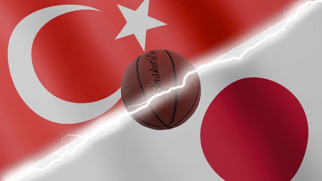 Spinning basketball ball against waving flags Japan and Turkey separated by a diagonal electric effect, seamless 4k loop