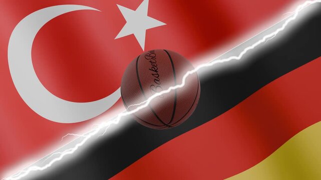 Spinning basketball ball against waving flags Germany and Turkey separated by a diagonal electric effect, seamless 4k loop