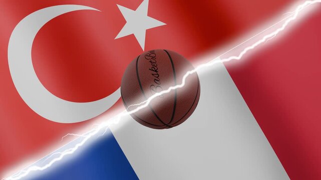 Spinning basketball ball against waving flags France and Turkey separated by a diagonal electric effect, seamless 4k loop