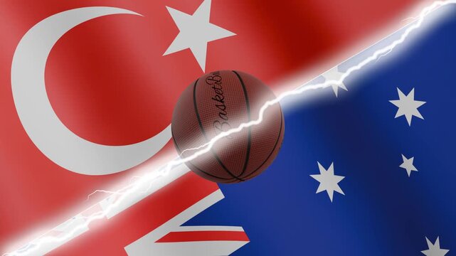 Spinning basketball ball against waving flags Australia and Turkey separated by a diagonal electric effect, seamless 4k loop