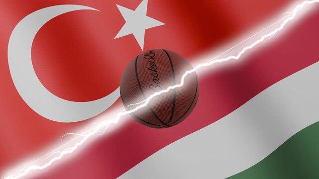 Spinning basketball ball against waving flags Hungary and Turkey separated by a diagonal electric effect, seamless 4k loop