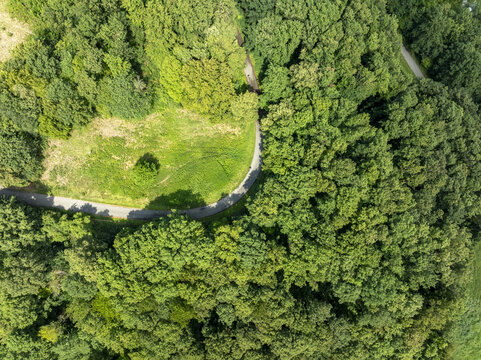 Aerial view of Frottmaninger Berg featuring a winding asphalt road cutting through a lush green forest in Munich, Bavaria, Germany.