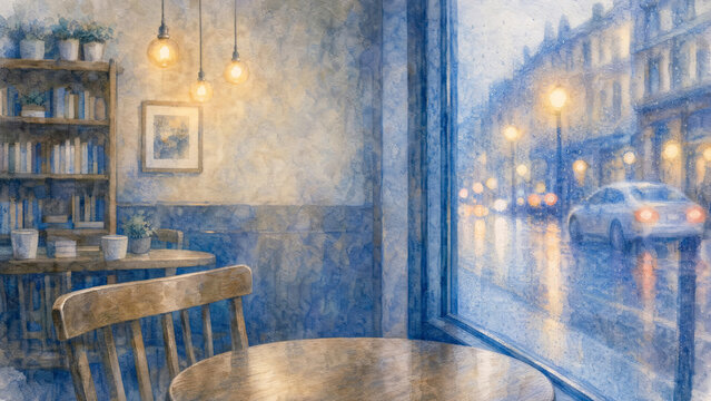 Cozy Cafe Window Overlooking a Rainy City Street, Watercolor Illustration