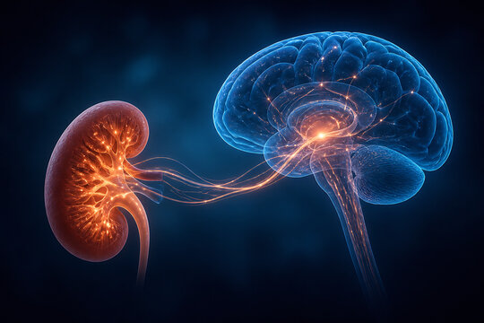 A glowing, stylized illustration depicts a human kidney connected by energetic light streams to a vibrant, illuminated brain against a dark background.