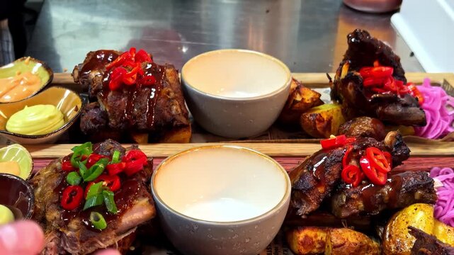 Hands garnishing grilled meat platter with fresh chili and herbs