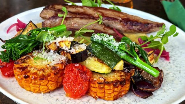 Grilled vegetables and roasted meat served on restaurant dinner plate