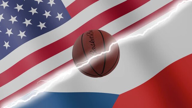 Spinning basketball ball against waving flags Czechia and United States of America separated by a diagonal electric effect, seamless 4k loop