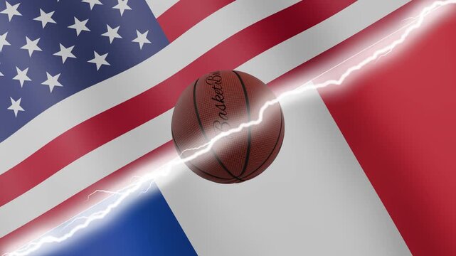 Spinning basketball ball against waving flags France and United States of America separated by a diagonal electric effect, seamless 4k loop