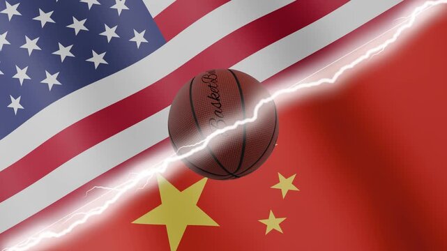 Spinning basketball ball against waving flags China and United States of America separated by a diagonal electric effect, seamless 4k loop
