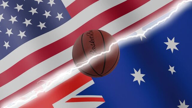 Spinning basketball ball against waving flags Australia and United States of America separated by a diagonal electric effect, seamless 4k loop