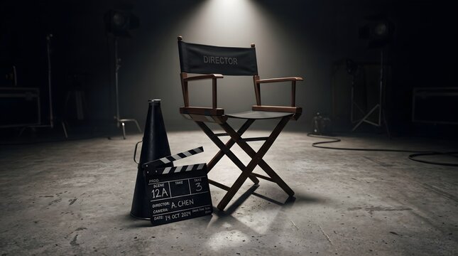Director chair and film clapperboard in empty studio setting with director